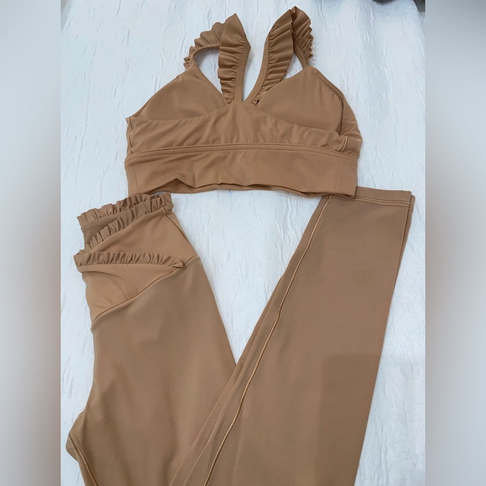 Aerie Camel Ruffle Sports Bra and Leggings Set